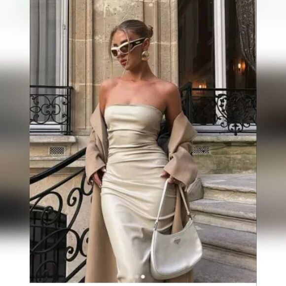 ZARA CREAM FAUX LEATHER MIDI DRESS - Picture 3 of 16